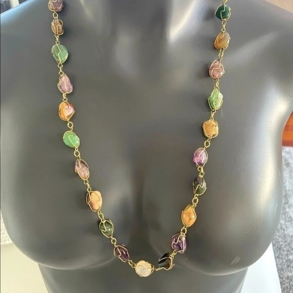 Vintage Gold Tone Wire Caged Multi Gemstone Statement Necklace 30.5
